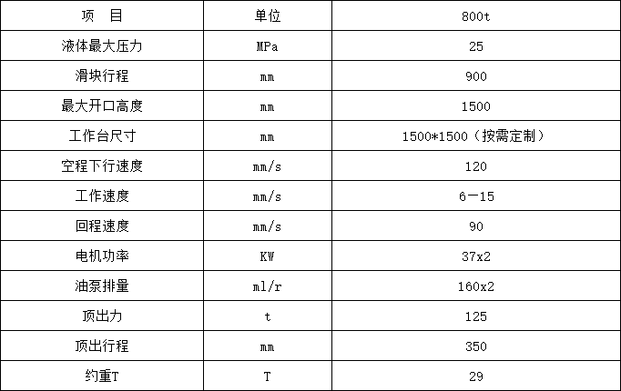 800噸四柱液壓機參數 800噸四柱液壓機參數